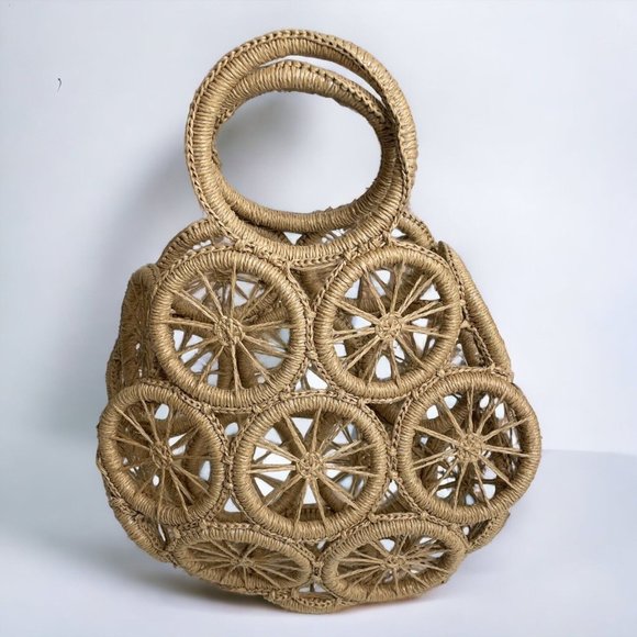 Handbags - Rattan Hollow Round Wicker Woven Handbags Shoulder Bags Retro Woven Circles